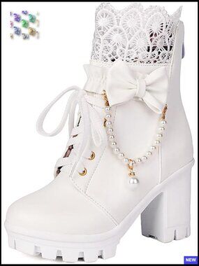 Gothic Platform Ankle Boots Lace Pearl Chain Bow Chunky Heel Combat Lace-Up